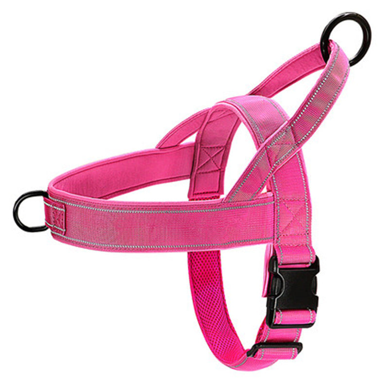 Pink dog harness with reflective stripes on a white background
