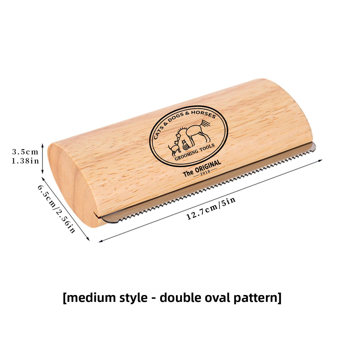 Wooden grooming tool with measurements on a white background