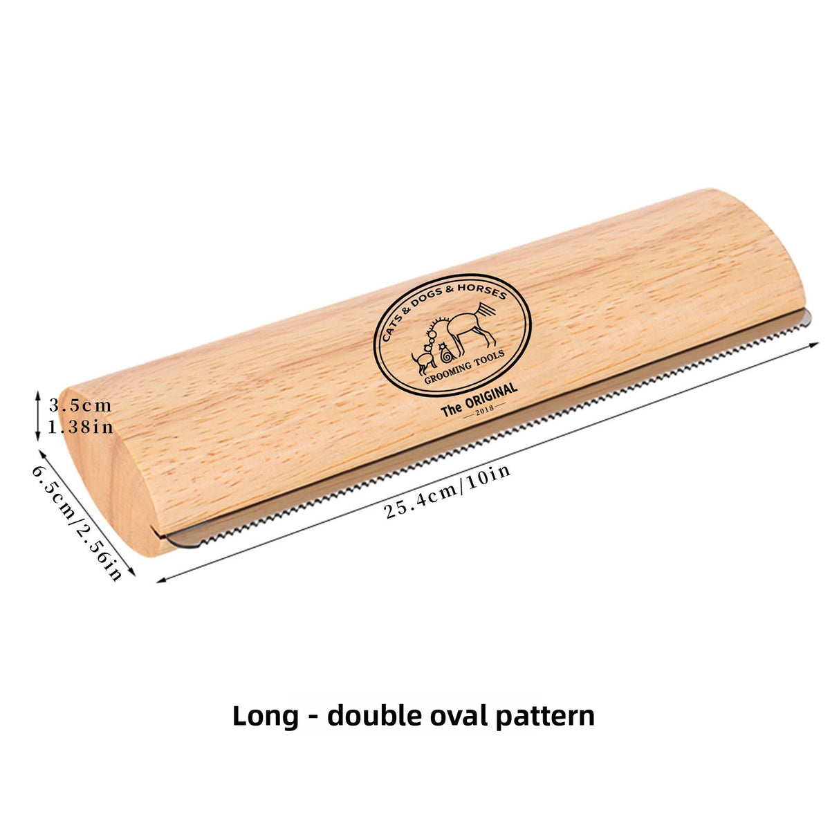 Wooden tool with measurements and branding on a white background
