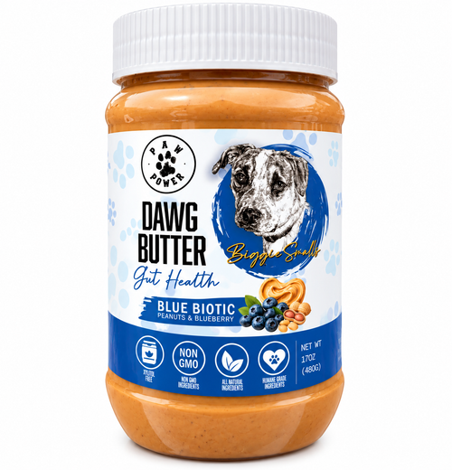 A jar of Dawg Butter Blue Biotic Peanut Butter for dogs, featuring a white lid and a label with a dog illustration and blue accents, set against a plain white background.