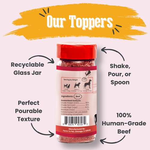 Recyclable glass jar with red lid labeled 'Our Toppers' on a white background.