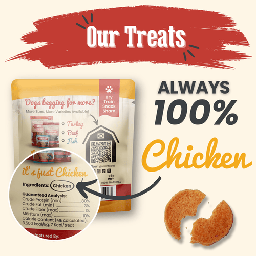 Dog treat package with text 'Always 100% Chicken' on a white background