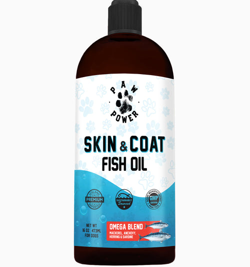 A bottle of Paw Power Skin & Coat Fish Oil Omega Blend, 16 oz, featuring a white and blue label with fish illustrations, set against a plain white background.