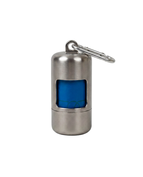 Metal keychain with blue trash bags on a white background
