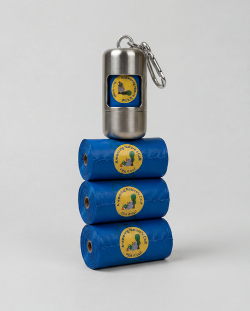 Stack of blue plastic bags with yellow labels and a metal container on a white background