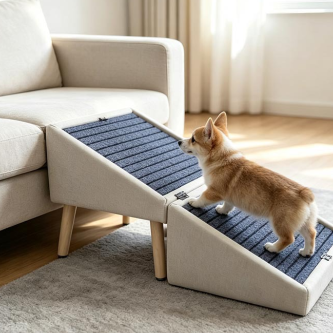A small tan and white dog stands on a two-step fabric pet ramp with dark blue textured steps, positioned in front of a light beige sofa in a bright living room.