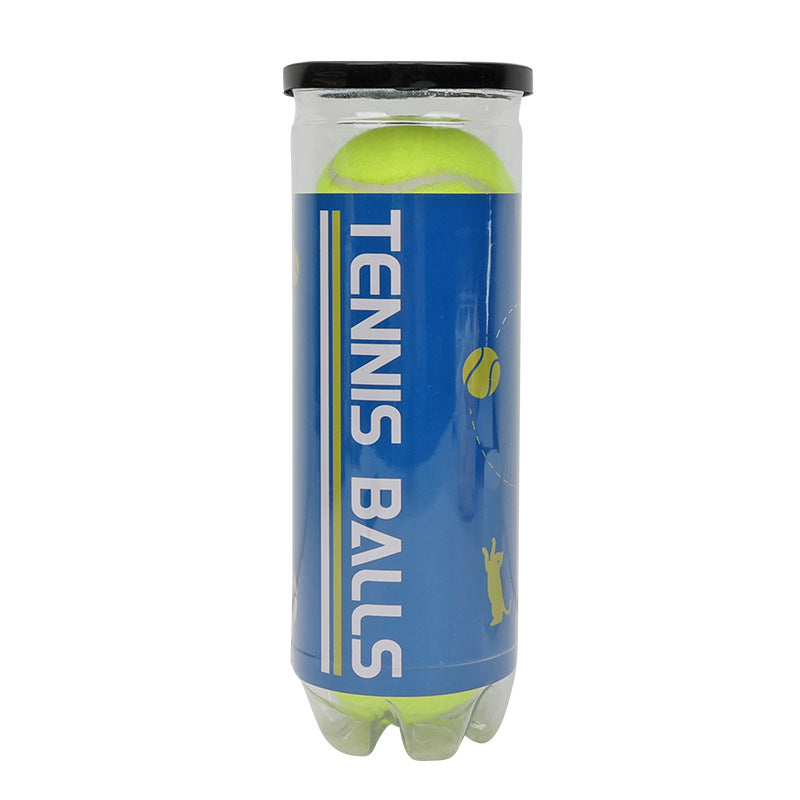 A clear plastic tube of tennis balls with a blue label reading 'TENNIS BALLS' in white text, topped with a black lid, on a white background.