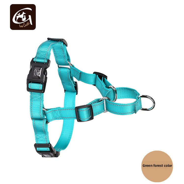 A turquoise pet harness with black plastic buckles and a silver metal ring, displayed on a white background with a brand logo in the top-left corner and a color swatch label in the bottom-right.