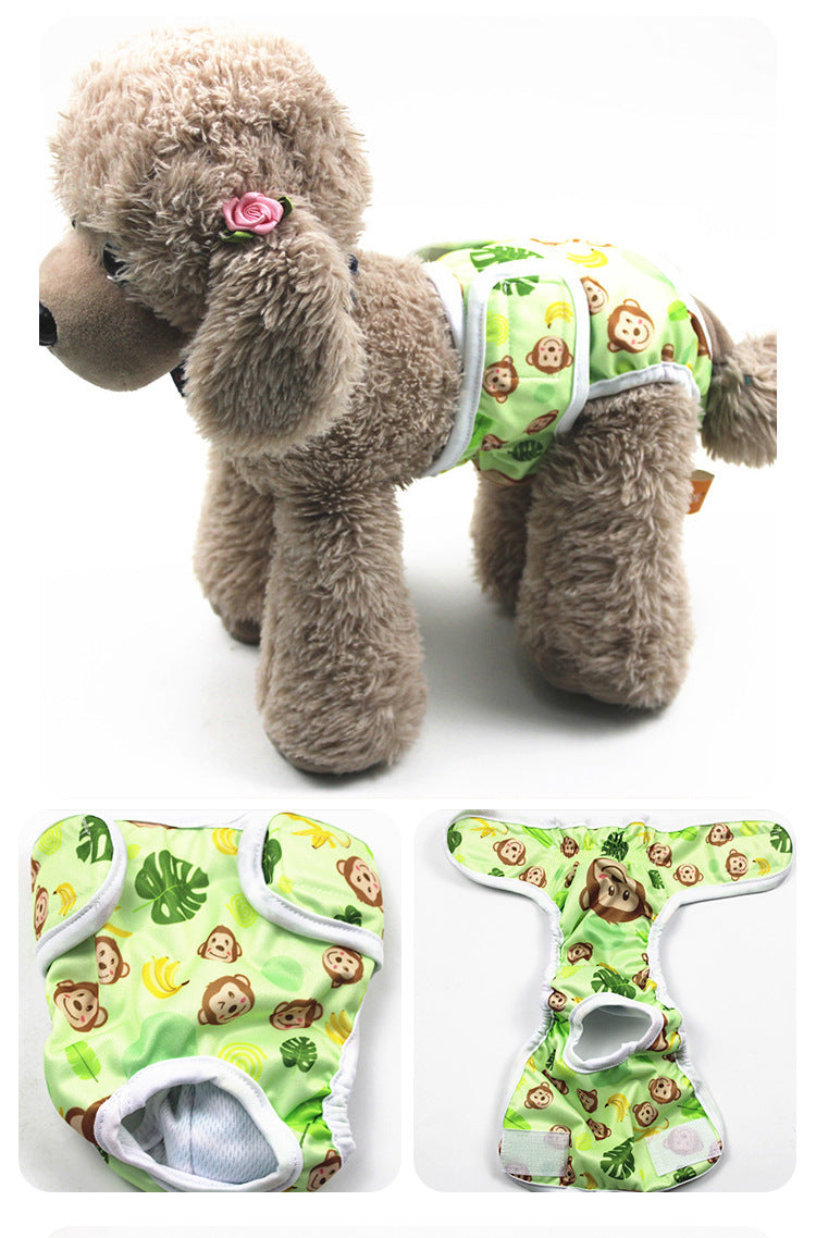 Plush dog toy with a green monkey-patterned diaper on a white background