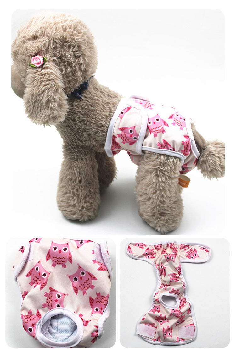 Dog wearing a pink floral outfit with owl designs on a white background
