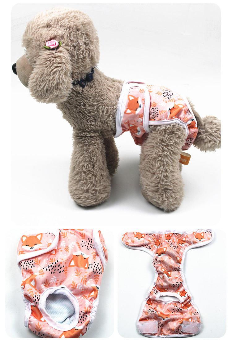 Plush dog toy with a floral-patterned diaper on a white background