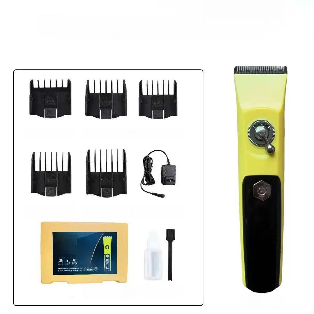 A cordless hair trimmer shown next to its accessories, including four black guide combs, a power adapter, a cleaning brush, a small bottle, and a yellow storage case, all on a white background.