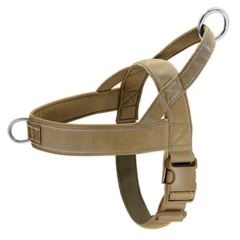 Tan dog harness with reflective stripes on a white background