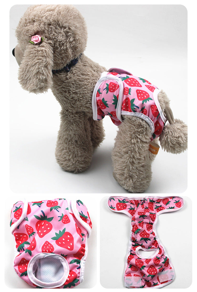 Dog wearing a strawberry-patterned diaper with close-up shots of the product on a white background.