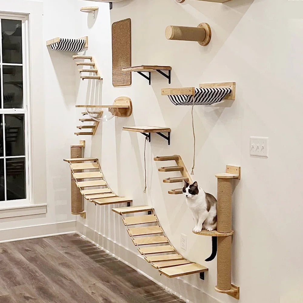 Elevate Your Cat's Playtime with Our Stylish Wall Climbing Shelf: A Multi-Functional Ladder, Scratching Post, and Cozy Bed!