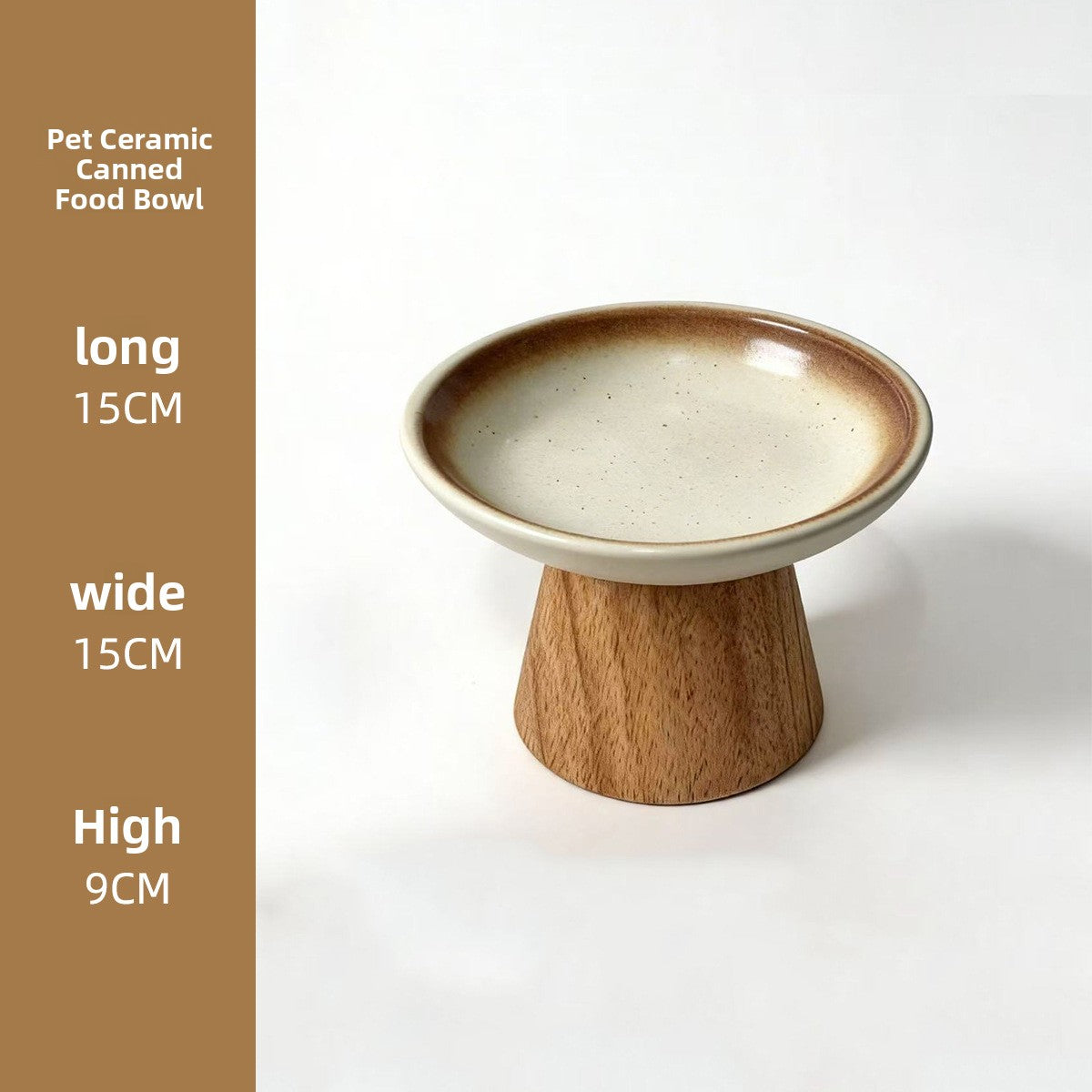 A pet ceramic canned food bowl with a light beige interior, a brown rim, and a natural wood pedestal base, shown on a white background with a brown text panel on the left listing dimensions.