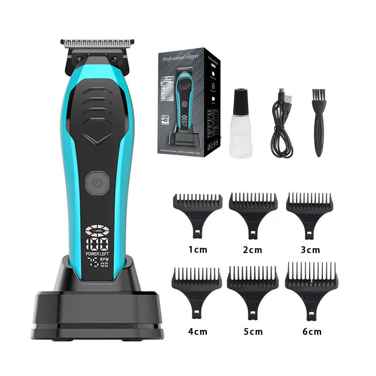 A cordless electric hair trimmer in bright turquoise and black shown on a charging base, with its retail box, a small bottle, a charging cable, a cleaning brush, and six black guide combs arranged on a white background.