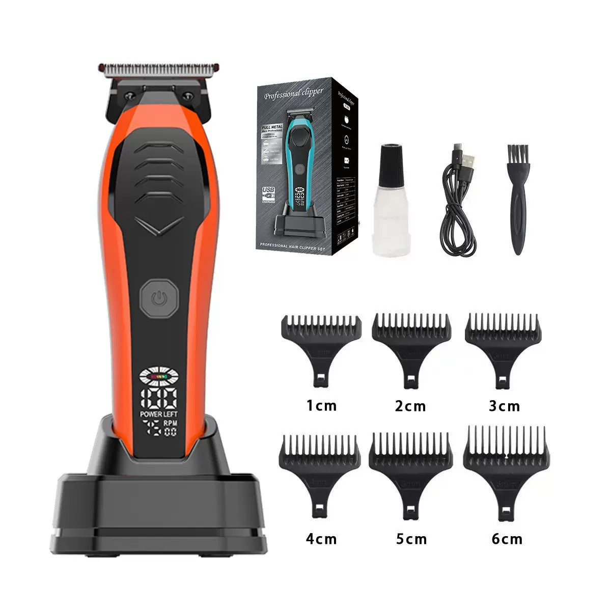 Electric hair trimmer set on a white background, featuring an orange and black trimmer on its charging base, product packaging, a small bottle, a USB charging cable, a cleaning brush, and six black guide combs labeled 1cm to 6cm.