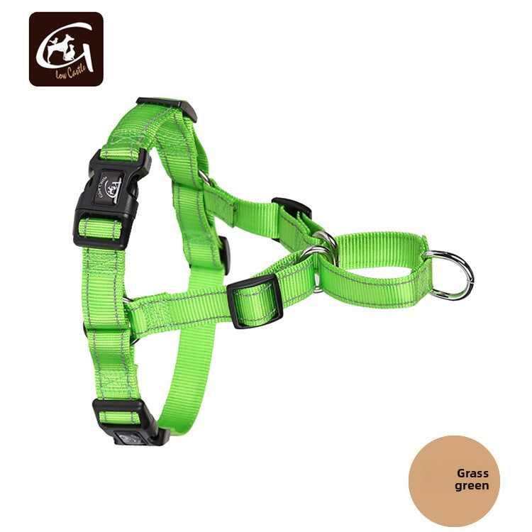 A bright grass green dog harness with black plastic buckles and a silver metal ring, shown on a white background with a 'Grass green' color swatch in the bottom right corner and a 'Leai Quality' logo in the top left corner.
