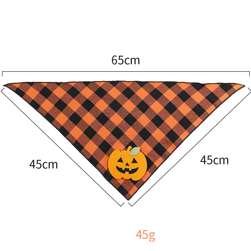 Halloween-themed checkered bandana with a pumpkin design and measurements on a white background