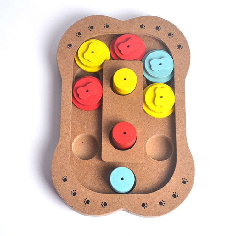 Colorful dog puzzle toy with wooden base