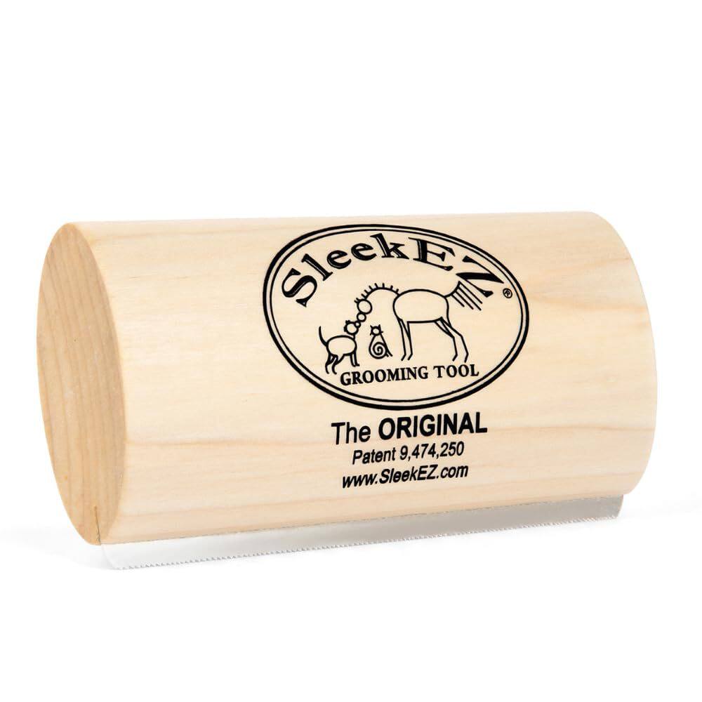 A wooden slicker grooming tool with a black printed SleekEZ logo and text, shown on a clean white background.