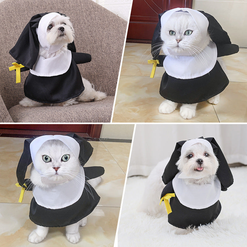 Collage of a dog and cat wearing nun costumes indoors.