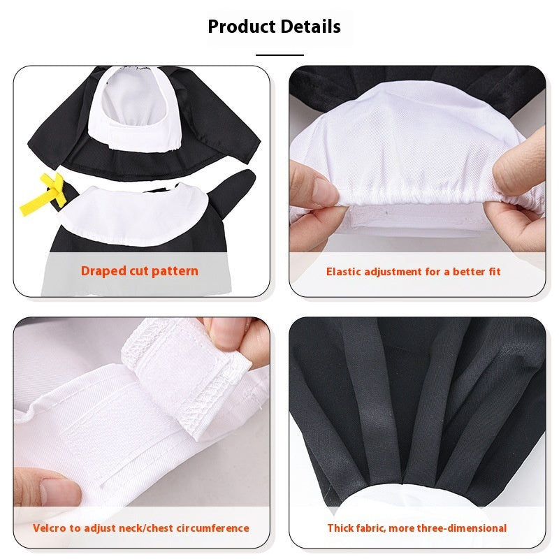 Product details of a white garment with black accents, including cut pattern, elastic adjustment, velcro, and fabric thickness.