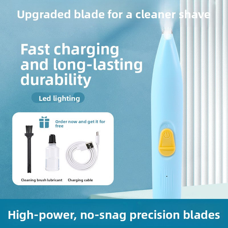 Shaving device with charging cable and cleaning brush on a blue background