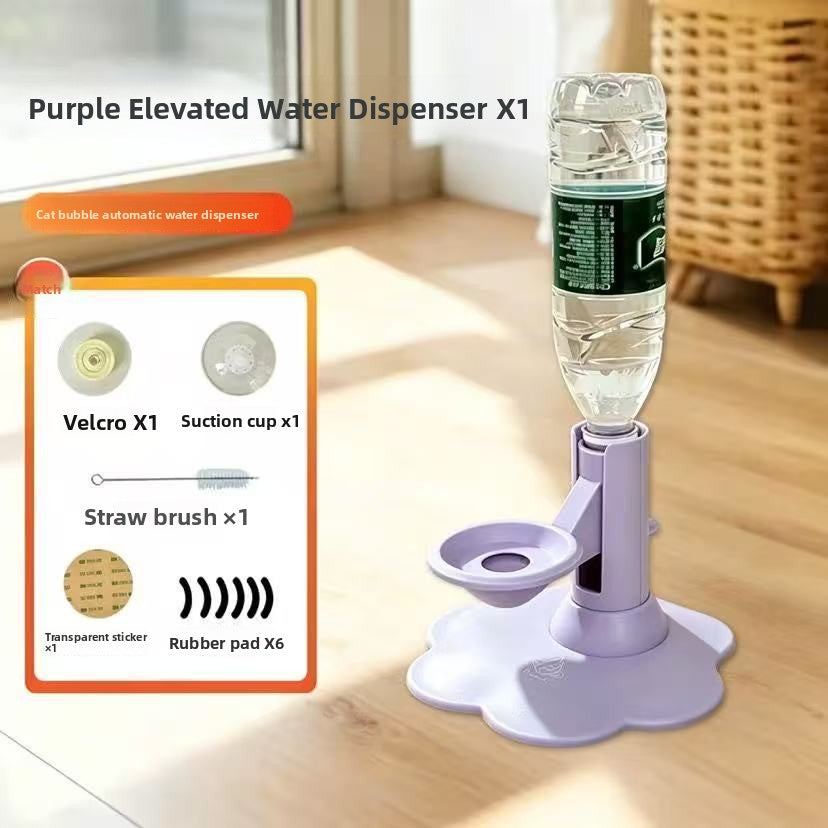 Purple elevated water dispenser with a clear plastic bottle inserted, shown on a wooden floor in a bright room. An inset graphic lists included accessories such as suction cups, a straw brush, and rubber pads.