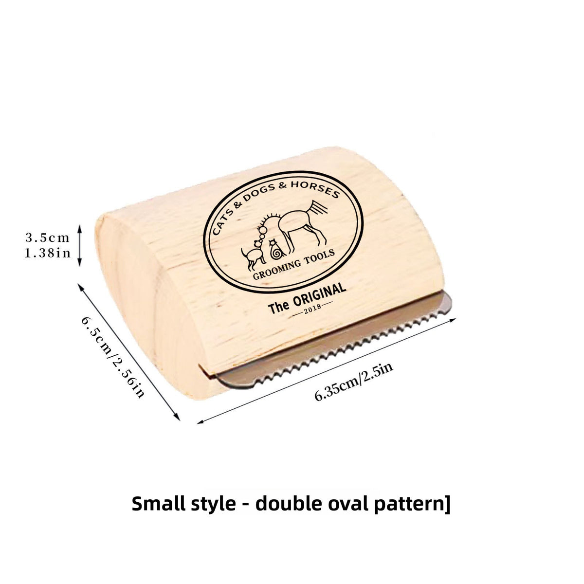 Grooming tool with dimensions and branding on a white background