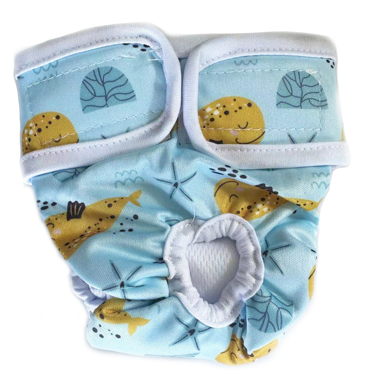 Baby diaper with sea-themed pattern on a white background