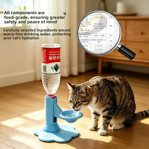 A cat drinking water from a blue pedestal pet water bottle feeder with a clear bottle top, shown on a wooden floor in a home setting. A magnifying glass graphic highlights the bottle label ingredients, with text in English and Chinese describing food-grade materials.