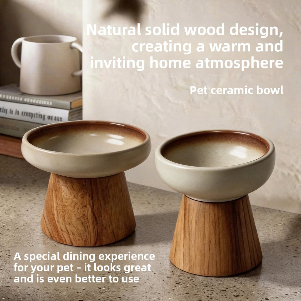 Elevated Ceramic Pet Feeding Bowl with Wooden Stand