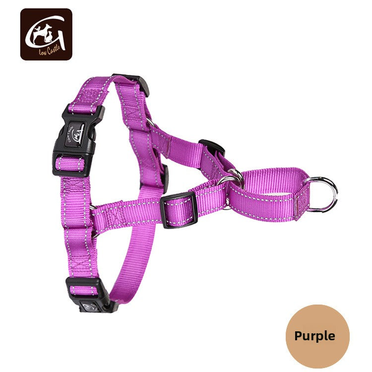 A purple nylon dog harness with black plastic buckles and a silver metal ring, shown on a white background with a 'Purple' color circle and a 'Le Mon D'Amour' brand logo in the corners.