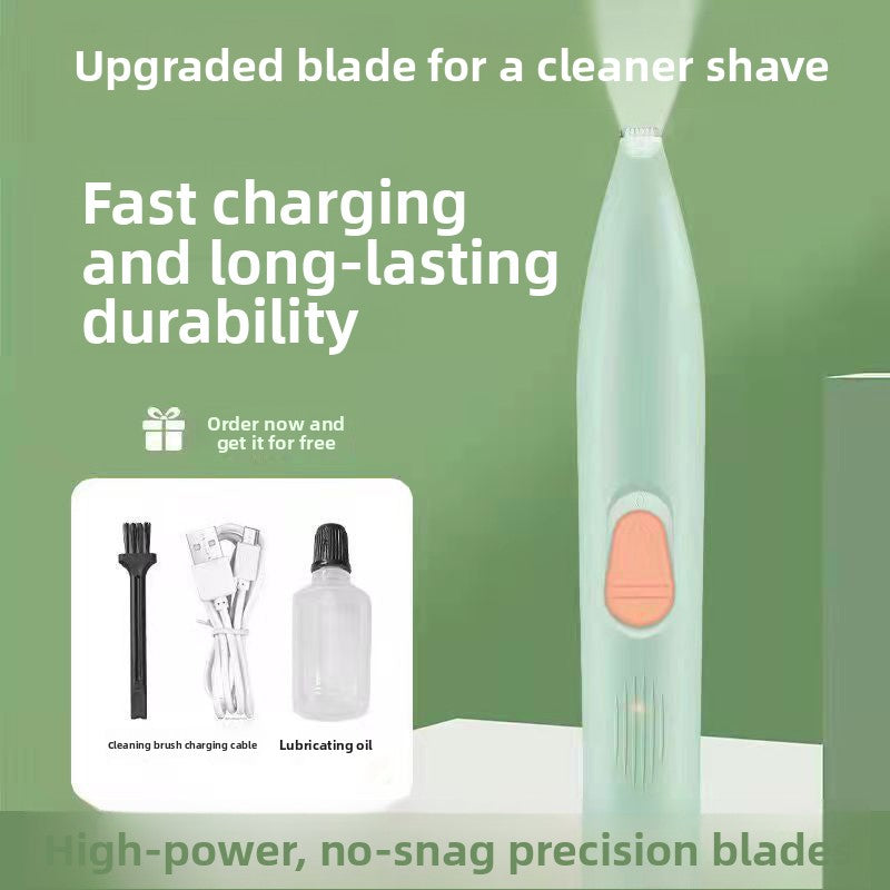 Electric razor with cleaning brush, charging cable, and lubricating oil on a green background