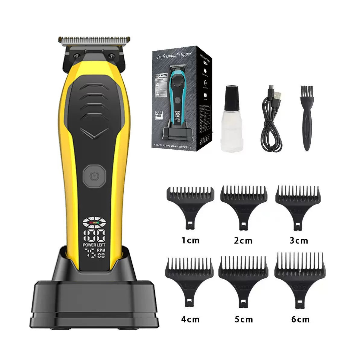 Yellow and black cordless electric hair trimmer shown on its charging base with six black guide combs, a power cable, a cleaning brush, a small bottle, and the product box on a white background.