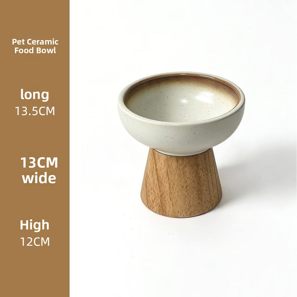 Elevated Ceramic Pet Feeding Bowl with Wooden Stand