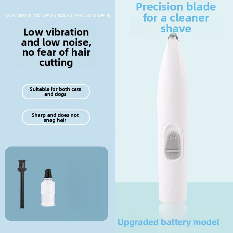 Pet grooming tool with text highlighting features on a light blue background