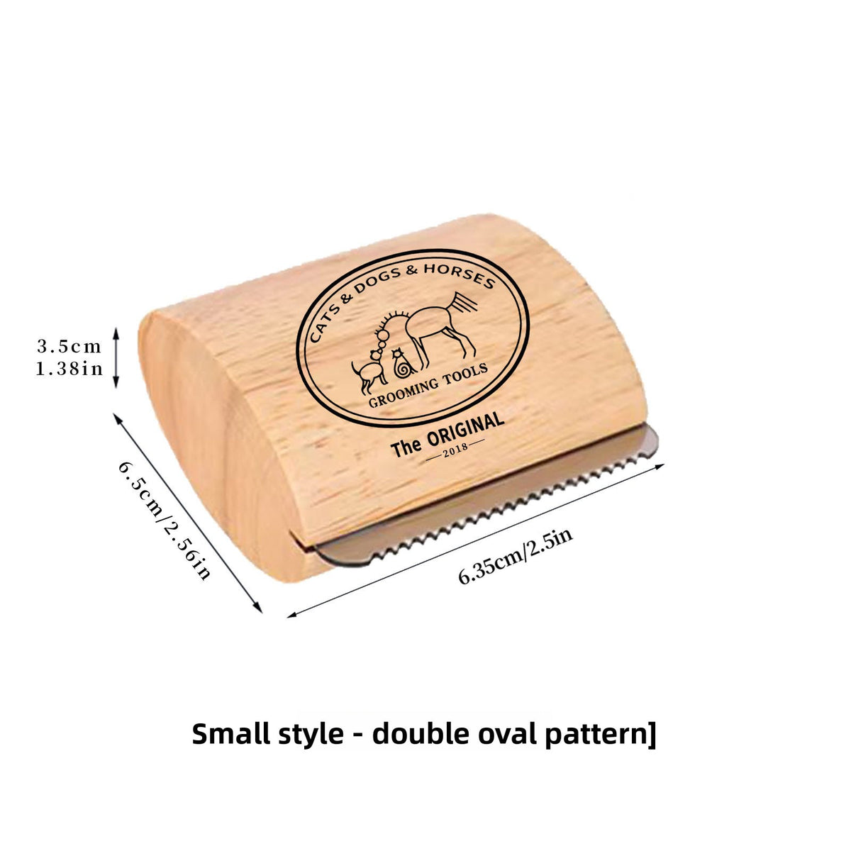 Grooming tool with dimensions and branding on a white background
