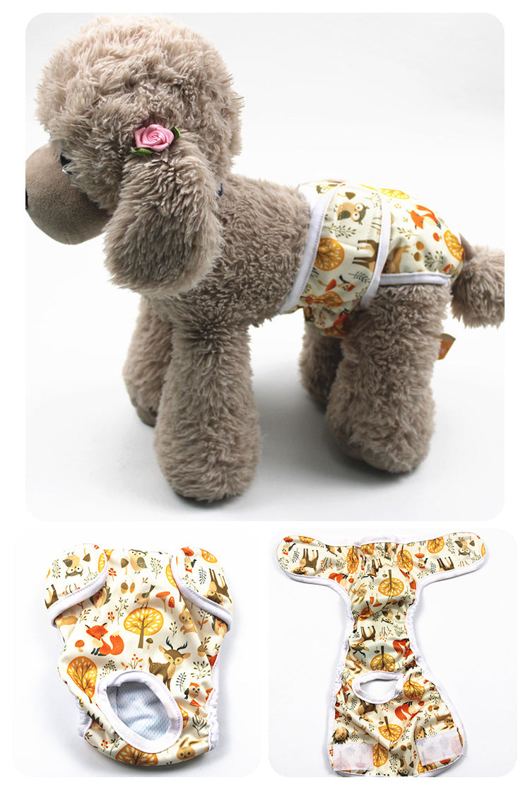 Plush dog toy with a floral-patterned outfit on a white background