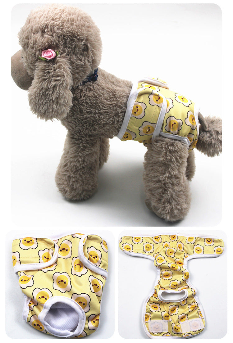 Dog wearing a yellow floral-patterned harness with two views of the harness below.