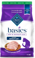BLUE Basics Skin and Stomach Care turkey and potato recipe dry food for indoor adult cats, 11 lb bag