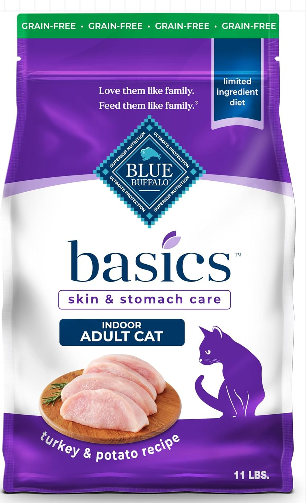 BLUE Basics Skin and Stomach Care turkey and potato recipe dry food for indoor adult cats, 11 lb bag