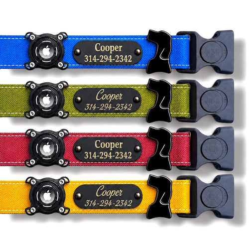 Four dog collars shown in blue, olive green, red, and yellow, each with a black metal lock, a black custom nameplate engraved with 'Cooper 314-294-2342', and a dark gray quick-release buckle.